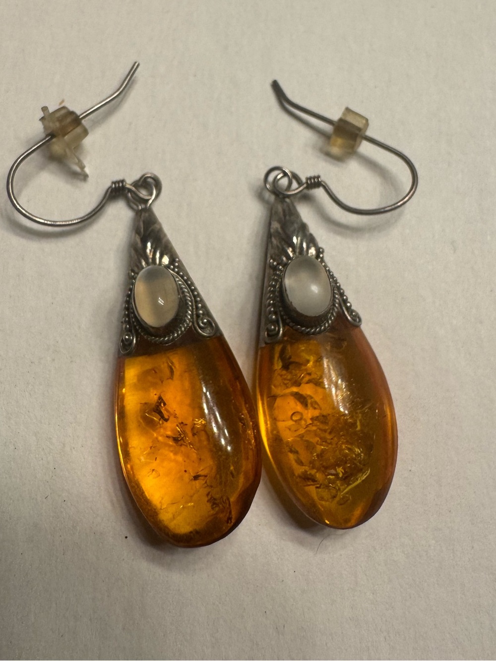 Amber Teardrop Dangle Earrings with Moonstone Accent